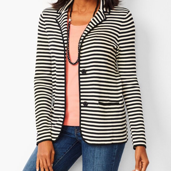 Talbots Blazer Womens Large Blue White Stripe Coastal Nautical Cotton Blend - Picture 2 of 9